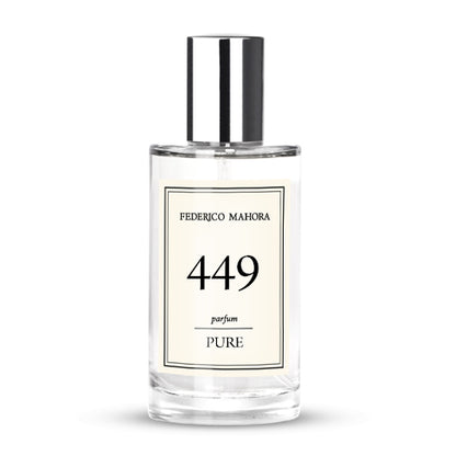 No449 is described as a thrilling and full of charm fragrance. This fragrance is similar to Jimmy Choo Fever.  Fragrance Notes:  Head: Lemon, Mandarin, Pear, Bergamot, Liquorice, Rhubarb, Peach, Pineapple, Coconut, Plum, Grapefruit, Cardamom  Heart: Jasmine Sambac, Rose, Lily of the Valley, Orange Tree, Sunny Notes, Violet, Geranium,  Base: Vanilla, Gourmand, Patchouli, Musk, Sandalwood, Cedarwood, Dry Wood  Capacity: 50ml