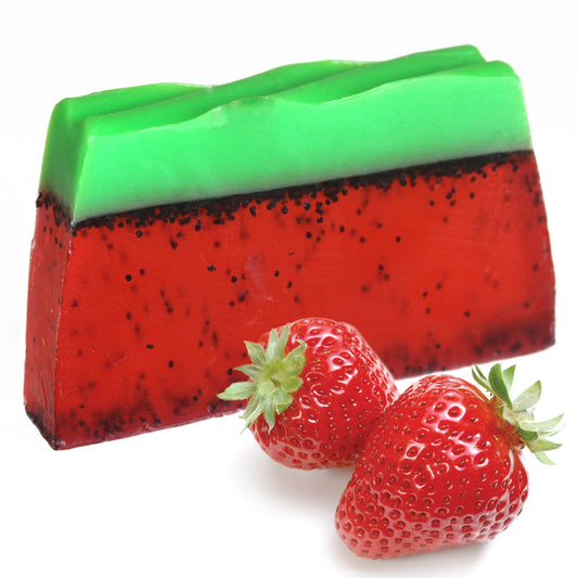 So, we know strawberries aren't really a tropical fruit but they're so sweet and deliciously fruity, with its distinctive fragrance of fruity-green with a flowery touch, that they earn an honorary tropical title. Filled with poppy seeds to scrub away that dead skin for a smooth and shiny look and feel.  Our tropical fruit scents Soap products will leave your hands, body and soul feeling cleansed, nourished and moisturised. Great for Christmas gifts, Birthday presents,
